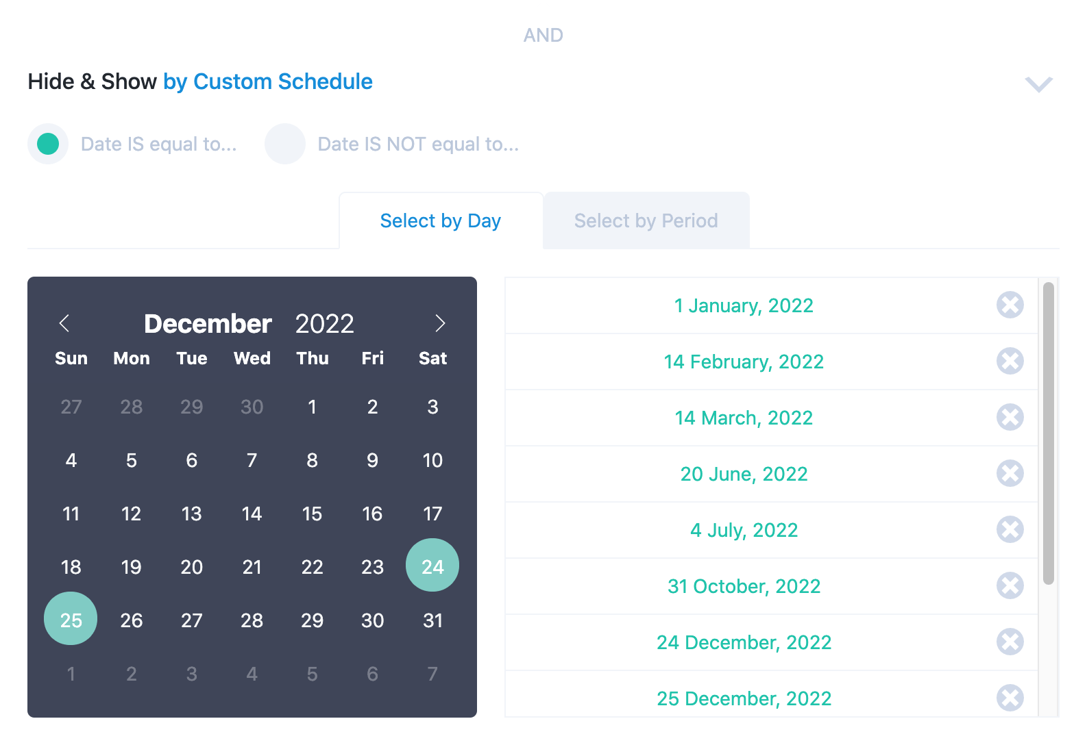 The Custom Schedule Component (Select by Day) settings